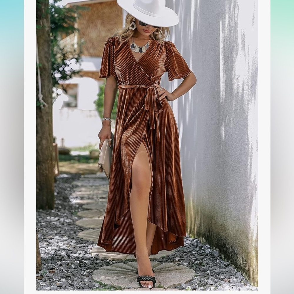 Simple Brown Velvet High Low Dress